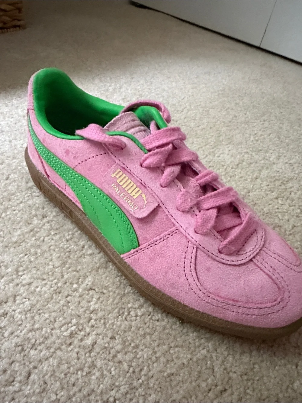 Puma Pink Suede Sneakers with Green Formstrip and Brown Gum Sole